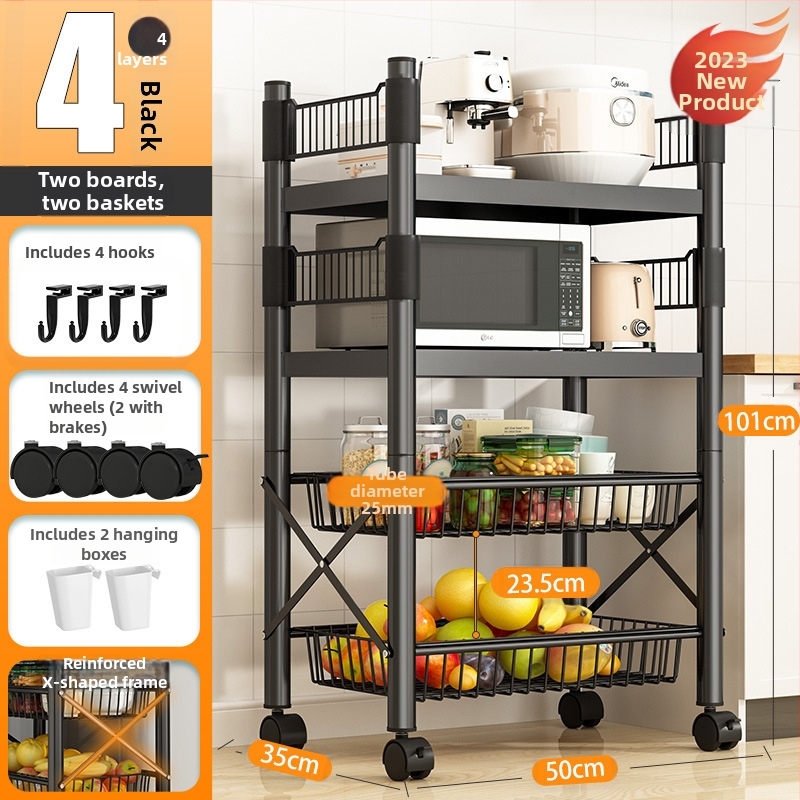 Podlaha stojací viacúčelový regál na skladovanie, 4 police, z uhlíkovej ocele, pojazdný, bez montáže, moderný minimalistický štýl; vhodný do kuchyne, kúpeľne, spálne a obývačky.
