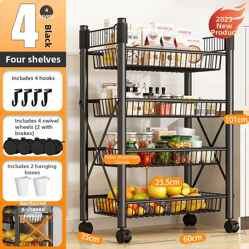 Podlaha stojací viacúčelový regál na skladovanie, 4 police, z uhlíkovej ocele, pojazdný, bez montáže, moderný minimalistický štýl; vhodný do kuchyne, kúpeľne, spálne a obývačky.