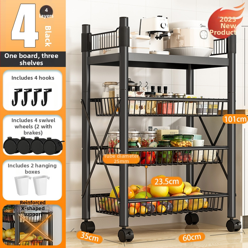 Podlaha stojací viacúčelový regál na skladovanie, 4 police, z uhlíkovej ocele, pojazdný, bez montáže, moderný minimalistický štýl; vhodný do kuchyne, kúpeľne, spálne a obývačky.