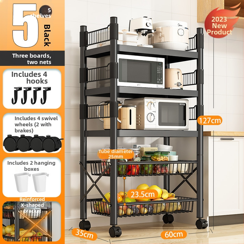 Podlaha stojací viacúčelový regál na skladovanie, 4 police, z uhlíkovej ocele, pojazdný, bez montáže, moderný minimalistický štýl; vhodný do kuchyne, kúpeľne, spálne a obývačky.