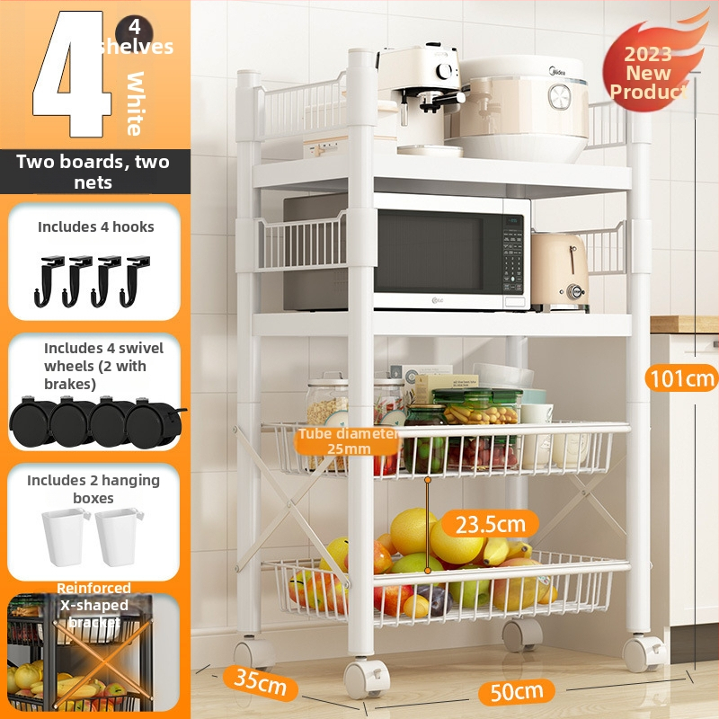 Podlaha stojací viacúčelový regál na skladovanie, 4 police, z uhlíkovej ocele, pojazdný, bez montáže, moderný minimalistický štýl; vhodný do kuchyne, kúpeľne, spálne a obývačky.