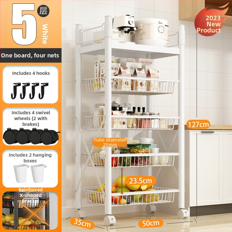 Podlaha stojací viacúčelový regál na skladovanie, 4 police, z uhlíkovej ocele, pojazdný, bez montáže, moderný minimalistický štýl; vhodný do kuchyne, kúpeľne, spálne a obývačky.