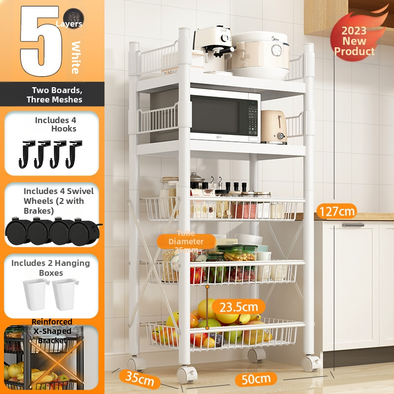 Podlaha stojací viacúčelový regál na skladovanie, 4 police, z uhlíkovej ocele, pojazdný, bez montáže, moderný minimalistický štýl; vhodný do kuchyne, kúpeľne, spálne a obývačky.