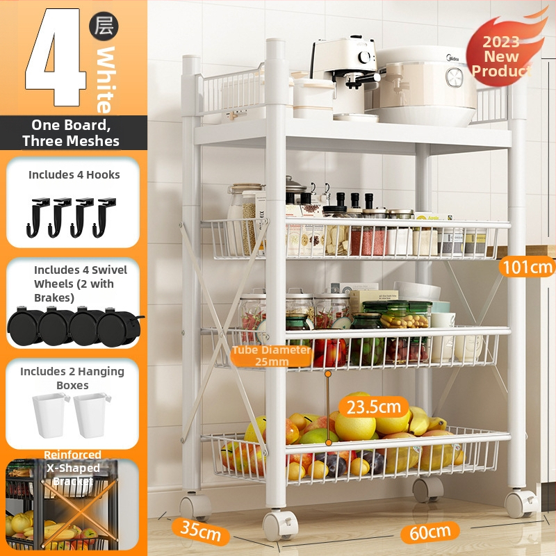 Podlaha stojací viacúčelový regál na skladovanie, 4 police, z uhlíkovej ocele, pojazdný, bez montáže, moderný minimalistický štýl; vhodný do kuchyne, kúpeľne, spálne a obývačky.