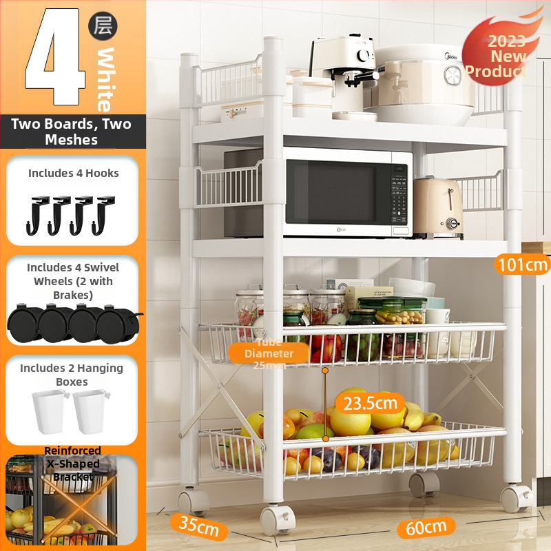 Podlaha stojací viacúčelový regál na skladovanie, 4 police, z uhlíkovej ocele, pojazdný, bez montáže, moderný minimalistický štýl; vhodný do kuchyne, kúpeľne, spálne a obývačky.