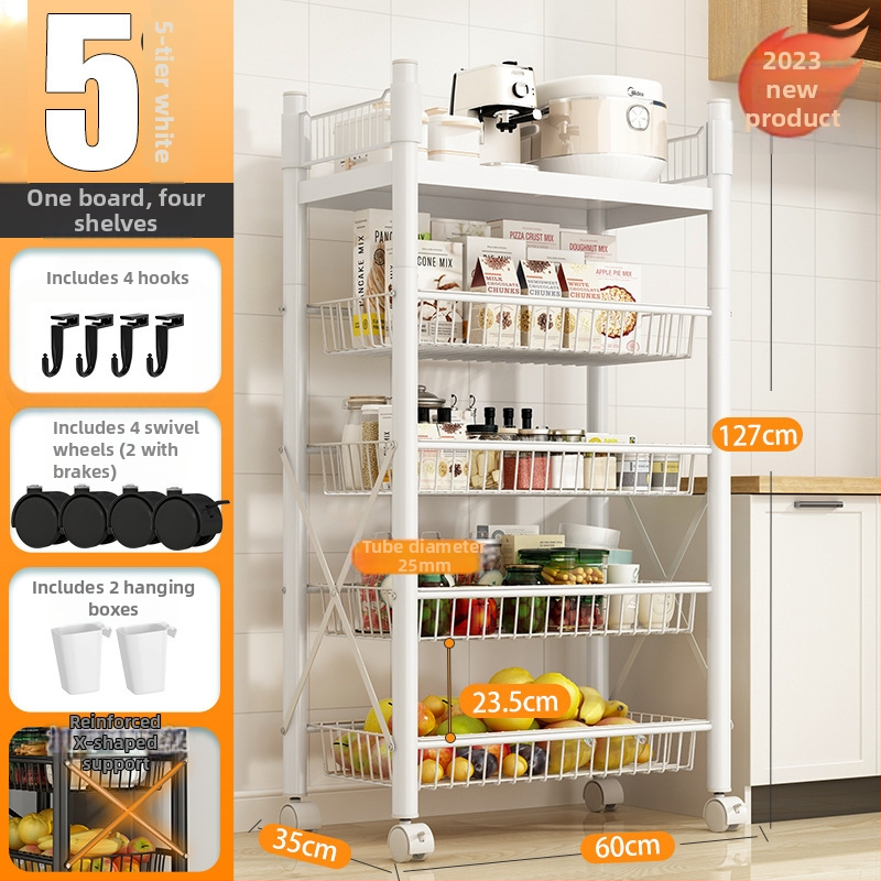 Podlaha stojací viacúčelový regál na skladovanie, 4 police, z uhlíkovej ocele, pojazdný, bez montáže, moderný minimalistický štýl; vhodný do kuchyne, kúpeľne, spálne a obývačky.