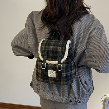 Ruksak u korejskom stilu od velura s kariranim uzorkom retro dizajn - (Materijal: velur; Zatvaranje: šnir s kopčom; Unutarnji džep: džep za telefon)