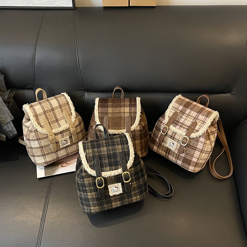 Ruksak u korejskom stilu od velura s kariranim uzorkom retro dizajn - (Materijal: velur; Zatvaranje: šnir s kopčom; Unutarnji džep: džep za telefon)