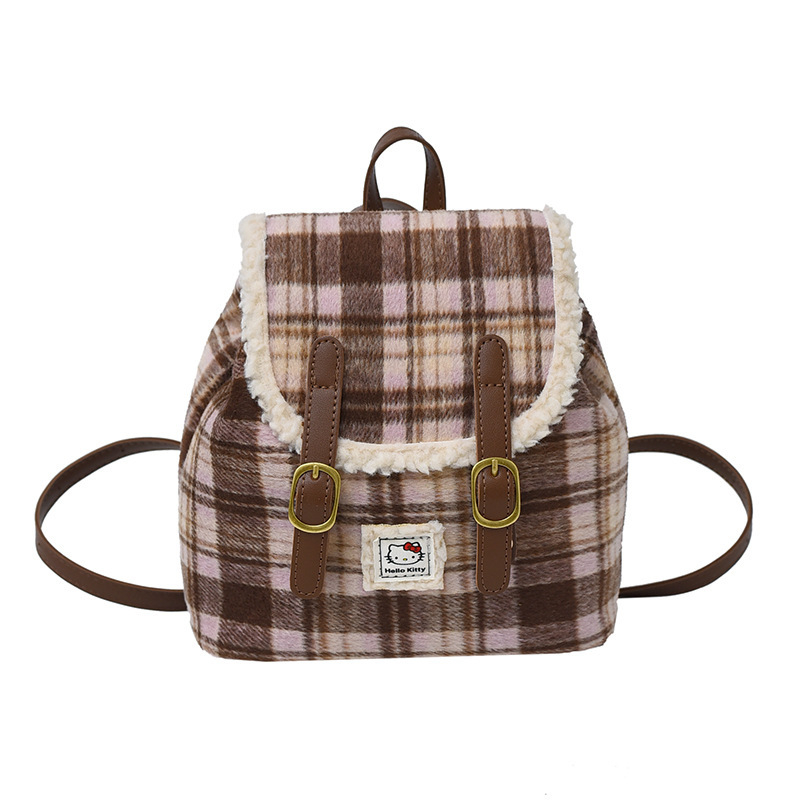 Ruksak u korejskom stilu od velura s kariranim uzorkom retro dizajn - (Materijal: velur; Zatvaranje: šnir s kopčom; Unutarnji džep: džep za telefon)