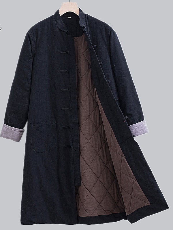 Muški dugi kaput od pamuka za zimu, kineski stil vintage, širok kroj, stojeći ovratnik, jednofarban