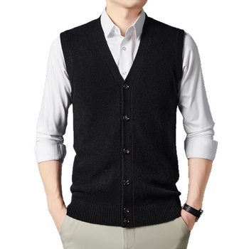 Férfi 100% gyapjú kardigán mellény, V-nyakú, gallér nélküli, vastagított, laza szabású