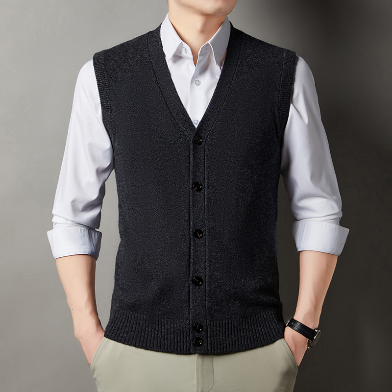 Férfi 100% gyapjú kardigán mellény, V-nyakú, gallér nélküli, vastagított, laza szabású