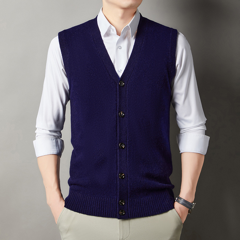 Férfi 100% gyapjú kardigán mellény, V-nyakú, gallér nélküli, vastagított, laza szabású