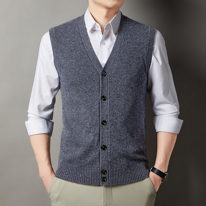 Férfi 100% gyapjú kardigán mellény, V-nyakú, gallér nélküli, vastagított, laza szabású