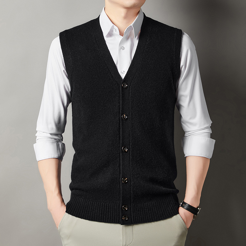 Férfi 100% gyapjú kardigán mellény, V-nyakú, gallér nélküli, vastagított, laza szabású