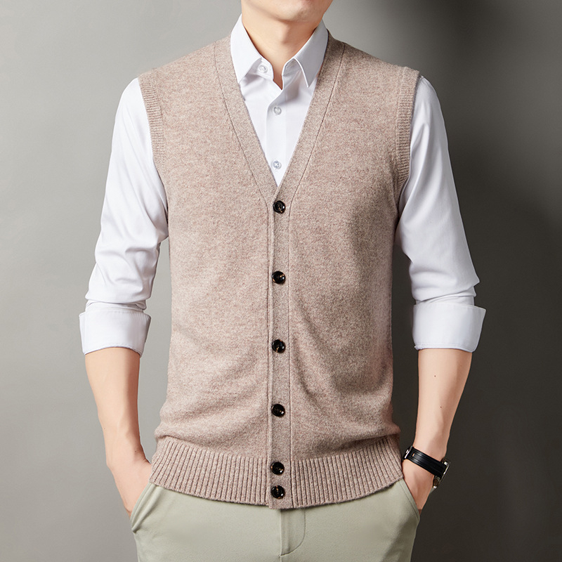 Férfi 100% gyapjú kardigán mellény, V-nyakú, gallér nélküli, vastagított, laza szabású