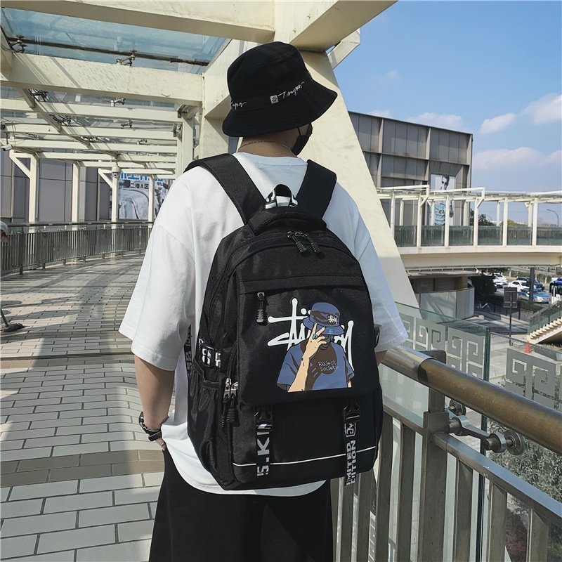 Unisex školska torba od Oxford platna, velika kapaciteta, motiv likova, zakrivljene naramenice, poliesterska podstava, za učenike srednje škole