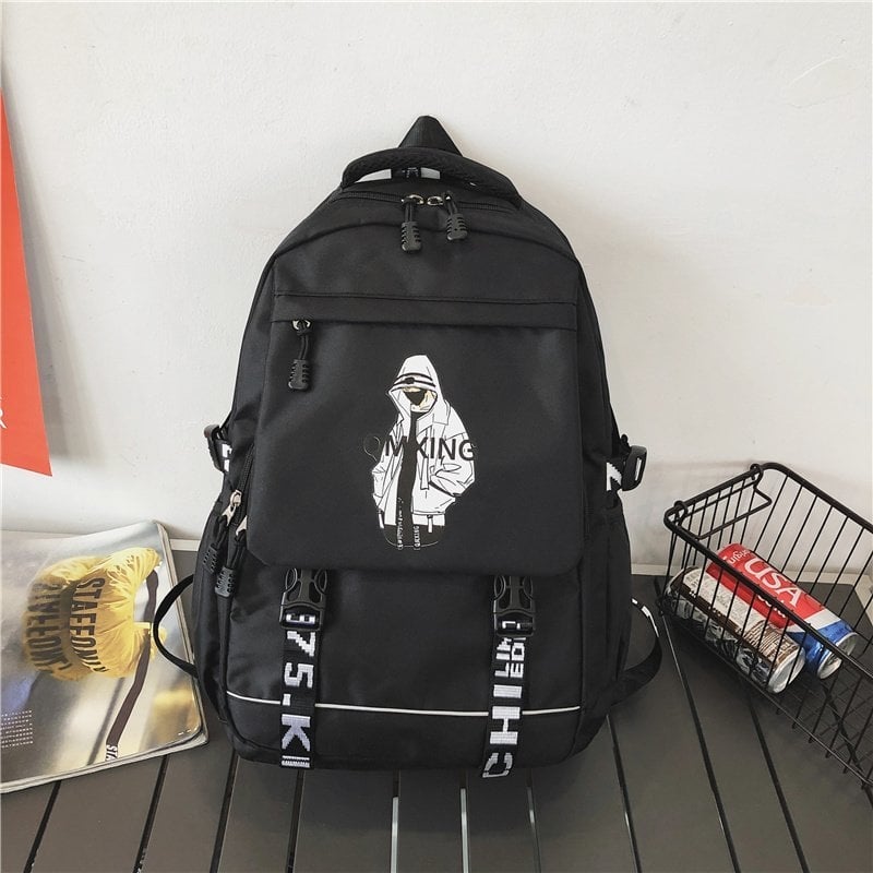 Unisex školska torba od Oxford platna, velika kapaciteta, motiv likova, zakrivljene naramenice, poliesterska podstava, za učenike srednje škole