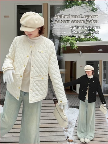 Дамско зимно квилтово памучно яке с диамантен модел, кръгло деколте, свободен силует, зима 2025