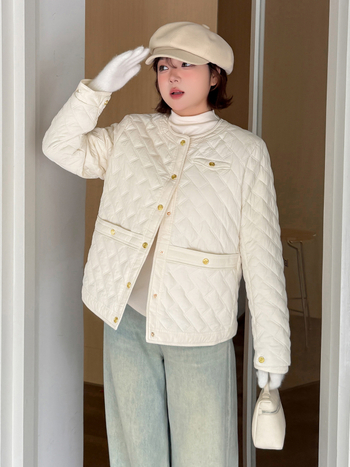 Дамско зимно квилтово памучно яке с диамантен модел, кръгло деколте, свободен силует, зима 2025