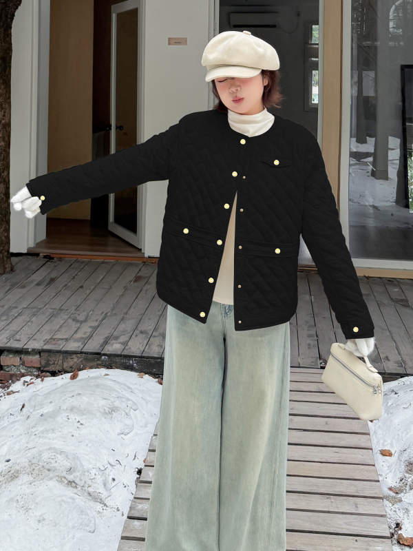 Дамско зимно квилтово памучно яке с диамантен модел, кръгло деколте, свободен силует, зима 2025