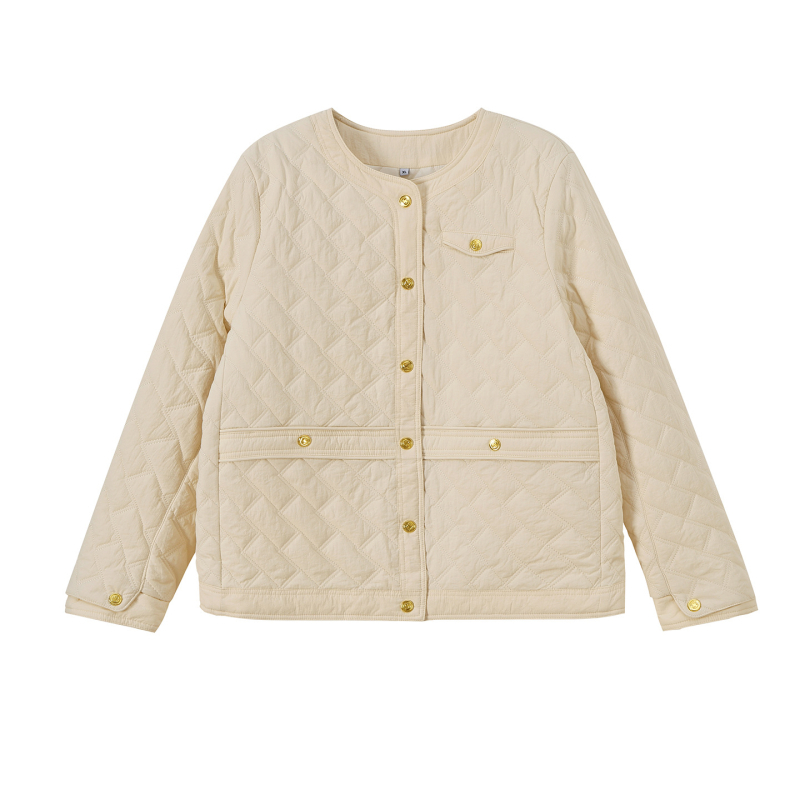 Дамско зимно квилтово памучно яке с диамантен модел, кръгло деколте, свободен силует, зима 2025