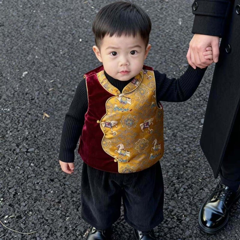 Παιδικό γιλέκο σε κινεζικό στυλ Τανγκ, παχύ ύφασμα από βαμβακο-πολυεστέρα μείγμα, 100% πολυεστέρας, κατάλληλο για παιδιά 3–8 ετών (100–140 εκ.)