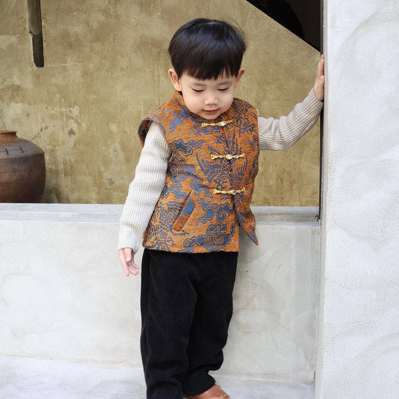 Παιδικό γιλέκο σε κινεζικό στυλ Τανγκ, παχύ ύφασμα από βαμβακο-πολυεστέρα μείγμα, 100% πολυεστέρας, κατάλληλο για παιδιά 3–8 ετών (100–140 εκ.)