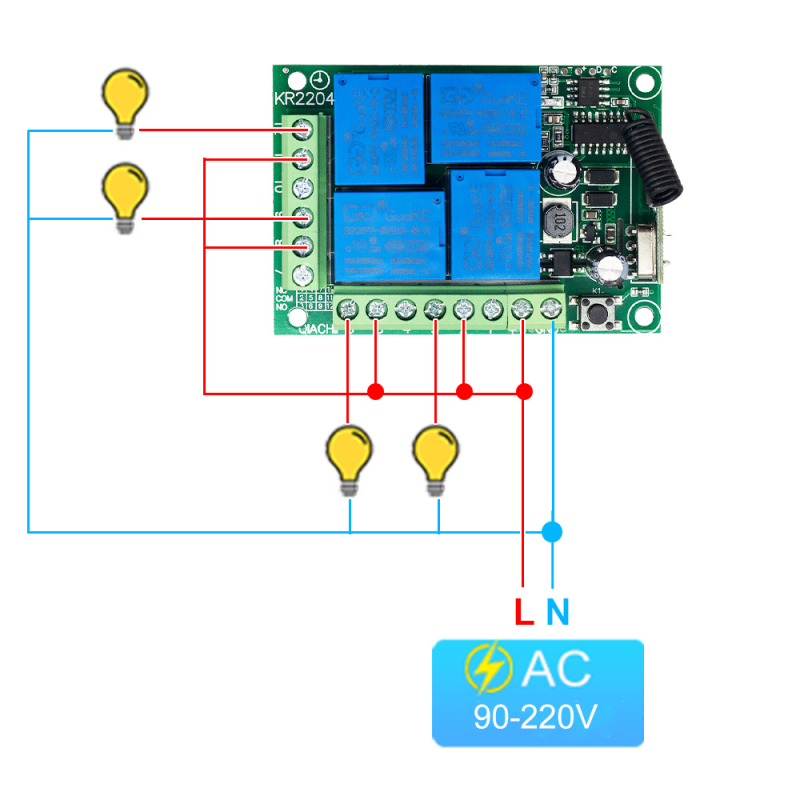 433MHz četiri-kanalni bežični prekidač upravljački modul za 110–220V relej