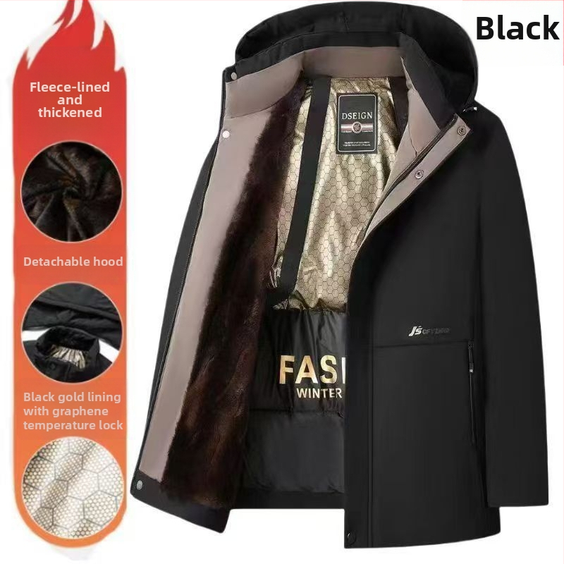 Muška parka jakna s odvojivom kapuljačom – crno-zlata fleece podstava, debelo zimsko kaput za poslovni stil