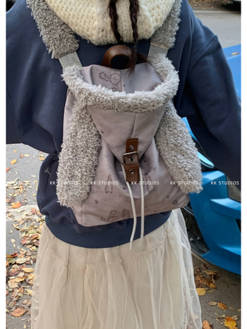 Ruksak u korejskom stilu, casual, velikog kapaciteta, pliš dizajn s ušima zeca i zatvaranje šnuralom