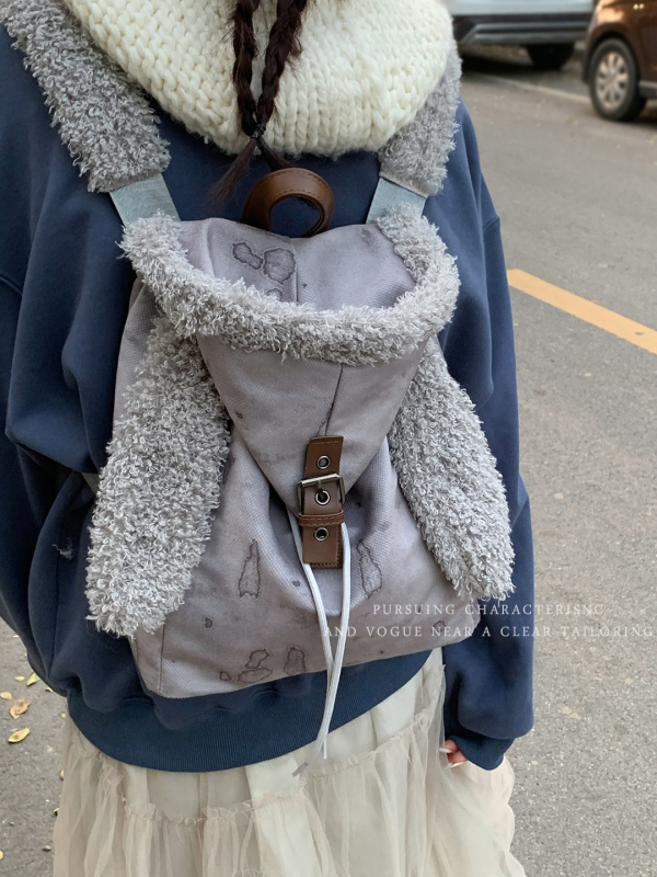 Ruksak u korejskom stilu, casual, velikog kapaciteta, pliš dizajn s ušima zeca i zatvaranje šnuralom