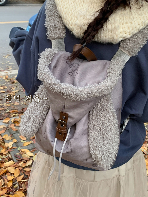 Ruksak u korejskom stilu, casual, velikog kapaciteta, pliš dizajn s ušima zeca i zatvaranje šnuralom