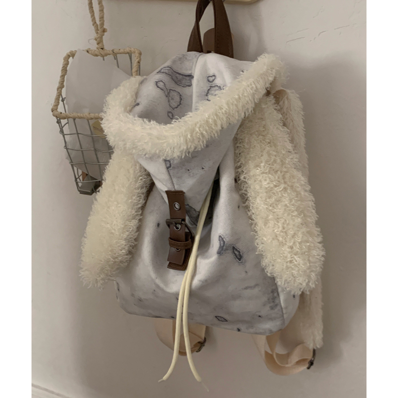 Ruksak u korejskom stilu, casual, velikog kapaciteta, pliš dizajn s ušima zeca i zatvaranje šnuralom