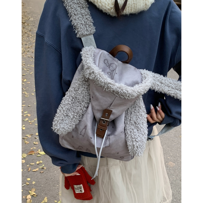 Ruksak u korejskom stilu, casual, velikog kapaciteta, pliš dizajn s ušima zeca i zatvaranje šnuralom