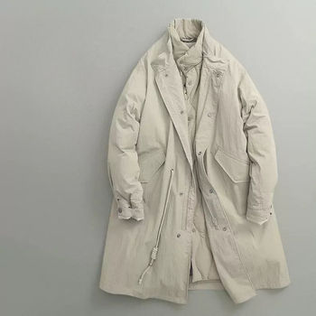 Zimski dugi pamučni kaput u japanskom retro stilu, s flis podstavom i lažnom dvodijelnom unutarnjom podstavom, stojeći ovratnik, zatvarač