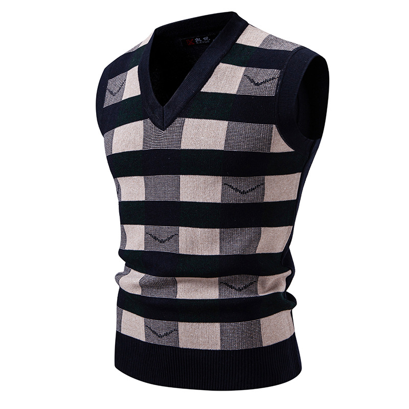 Férfi V-nyakú kötött mellény, rácsos mintával, ujj nélküli, szűkített fazon