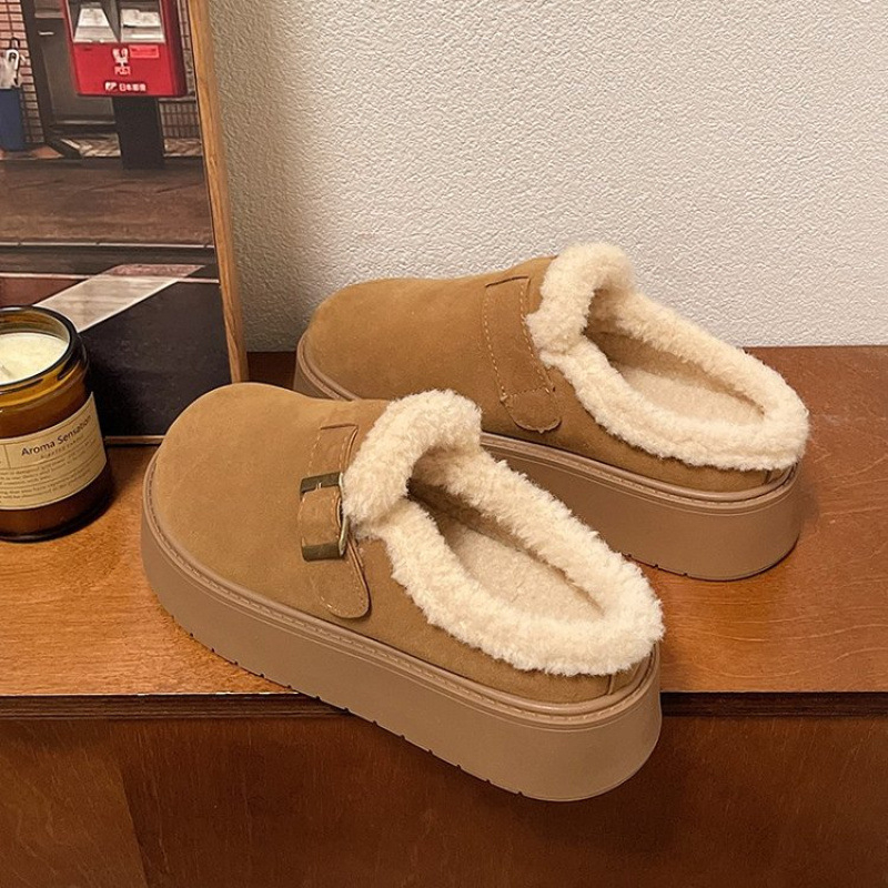 Ženske Birkenstock stil papuča s debelim potplatom, pliš gornji dio, umjetna pliš unutrašnjost, gumeni potplat, visina pete 6-8 cm, zimsko izdanje 2025
