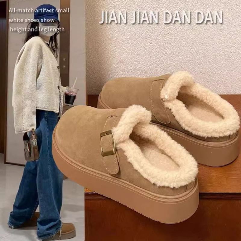 Ženske Birkenstock stil papuča s debelim potplatom, pliš gornji dio, umjetna pliš unutrašnjost, gumeni potplat, visina pete 6-8 cm, zimsko izdanje 2025