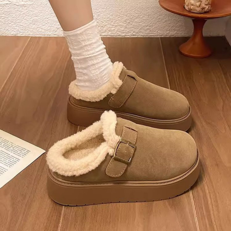 Ženske Birkenstock stil papuča s debelim potplatom, pliš gornji dio, umjetna pliš unutrašnjost, gumeni potplat, visina pete 6-8 cm, zimsko izdanje 2025