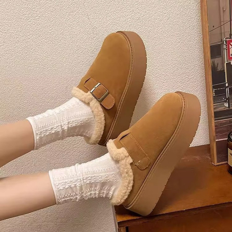 Ženske Birkenstock stil papuča s debelim potplatom, pliš gornji dio, umjetna pliš unutrašnjost, gumeni potplat, visina pete 6-8 cm, zimsko izdanje 2025