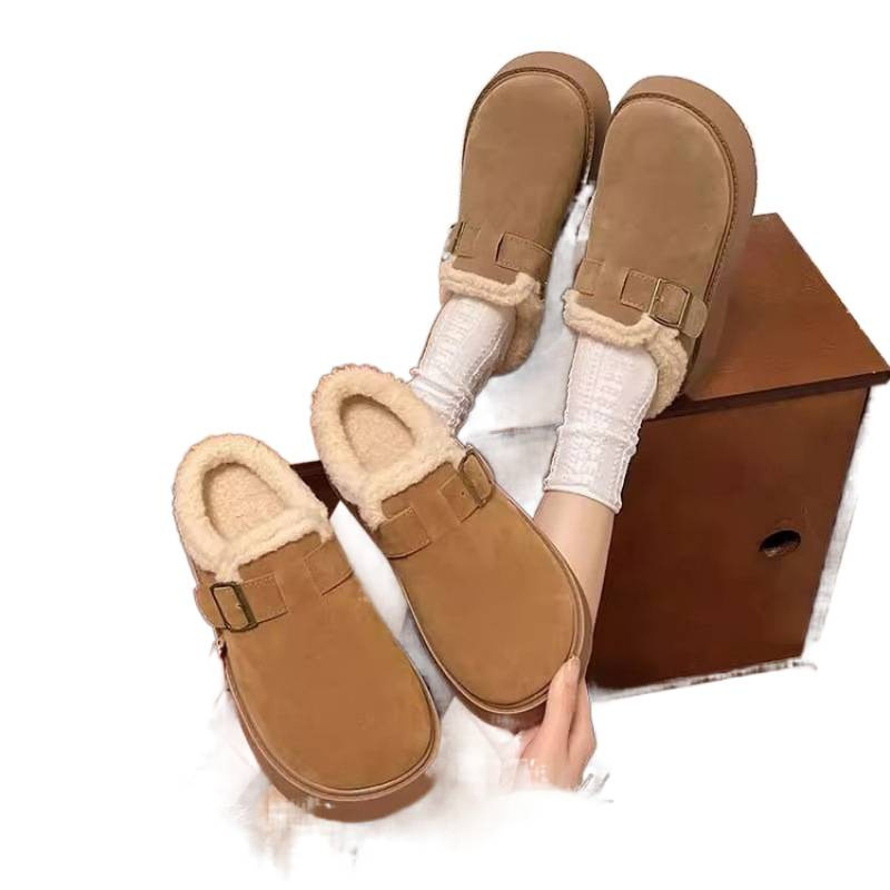 Ženske Birkenstock stil papuča s debelim potplatom, pliš gornji dio, umjetna pliš unutrašnjost, gumeni potplat, visina pete 6-8 cm, zimsko izdanje 2025