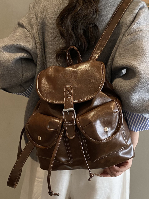 Ženski ruksak - velik kapacitet, urban minimalistički stil, PU materijal, zatvaranje poklopcem, unutarnja džep za dokumente, prozračan