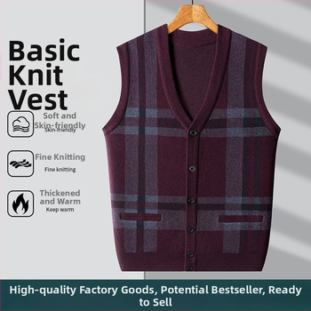 Férfi kötött kardigán-vest V-nyakkal, ujj nélkül, jacquard kötés, gyapjú 30–35%, vastag