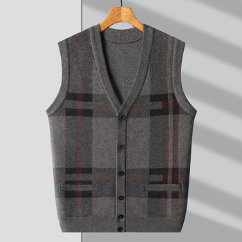 Férfi kötött kardigán-vest V-nyakkal, ujj nélkül, jacquard kötés, gyapjú 30–35%, vastag