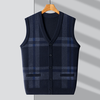 Férfi kötött kardigán-vest V-nyakkal, ujj nélkül, jacquard kötés, gyapjú 30–35%, vastag