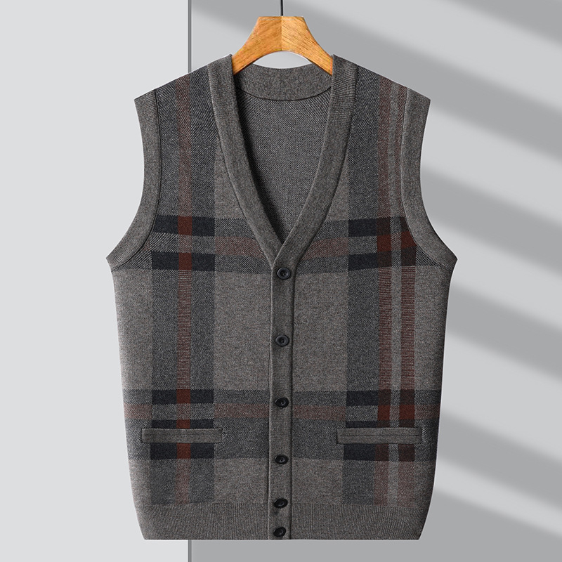 Férfi kötött kardigán-vest V-nyakkal, ujj nélkül, jacquard kötés, gyapjú 30–35%, vastag