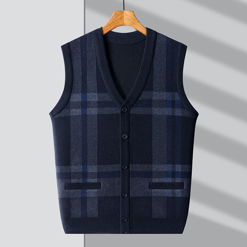 Férfi kötött kardigán-vest V-nyakkal, ujj nélkül, jacquard kötés, gyapjú 30–35%, vastag