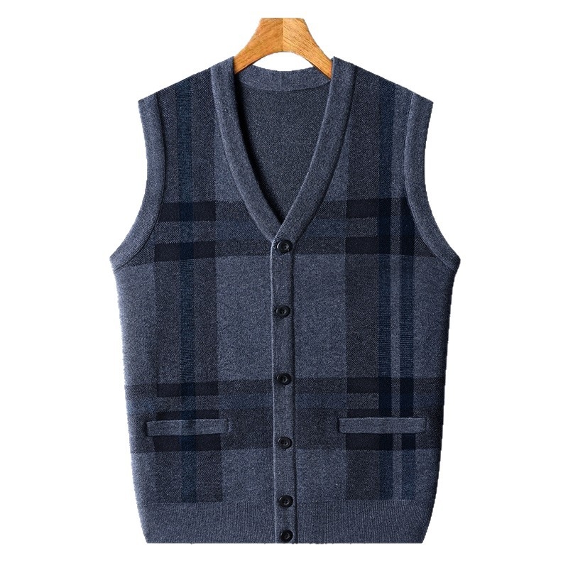 Férfi kötött kardigán-vest V-nyakkal, ujj nélkül, jacquard kötés, gyapjú 30–35%, vastag