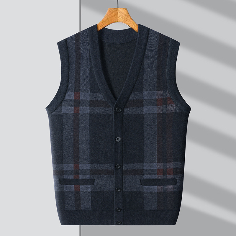 Férfi kötött kardigán-vest V-nyakkal, ujj nélkül, jacquard kötés, gyapjú 30–35%, vastag